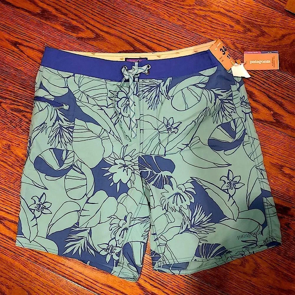 PATAGONIA Mens Work Wear Board Short Navy Turquoise Hawaiian Pattern Sz 34